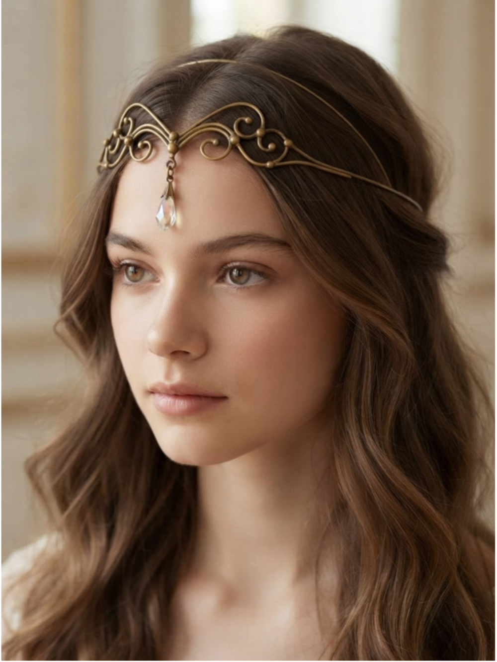 Women's delicate brass elven circlet featuring a dangling teardrop crystal